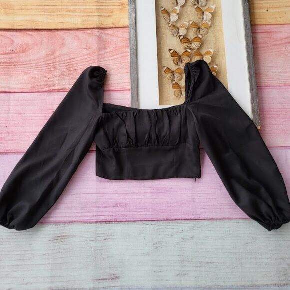 Princess Polly Ariah Black Long Sleeve Gathered Bust Fitted Crop Top 4US - Picture 5 of 6